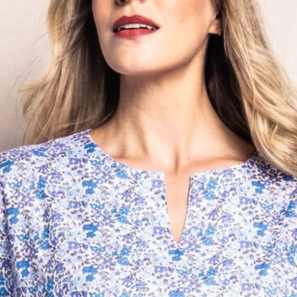 Petite Plume Fleur D'Azur Blue/White Cotton Caftan Nightgown Size L NWT - Picture 3 of 9